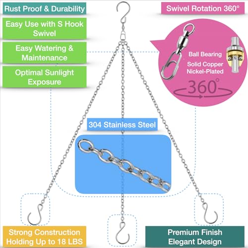 Hs'S Creation Stainless Steel 304 Swivel Planter Hanging Chain 21.5 Inch S Hooks For Flower Pot Basket 3 Leads Decorative Replacement Chains Hangers Rust Proof For Hanging Planters Basket 1 Set Pack thumb #2
