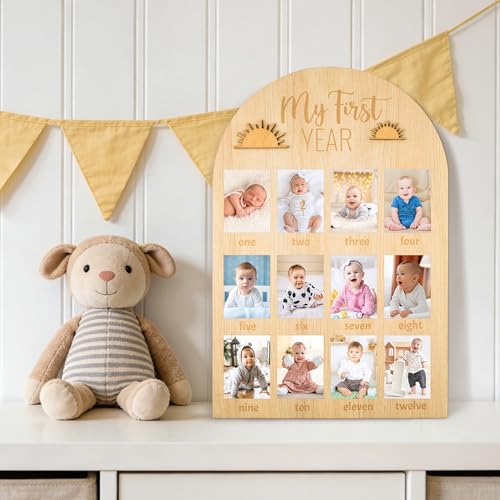Image of R HORSE My First Year Photo Display Wood Board - Fits 2 x 3 Inch Photo, 3D Boho Sun Baby's First Year Picture Frame 12 Months Milestone Board Baby Keepsake Birthday Nursery Decor Gift for Boy Girl