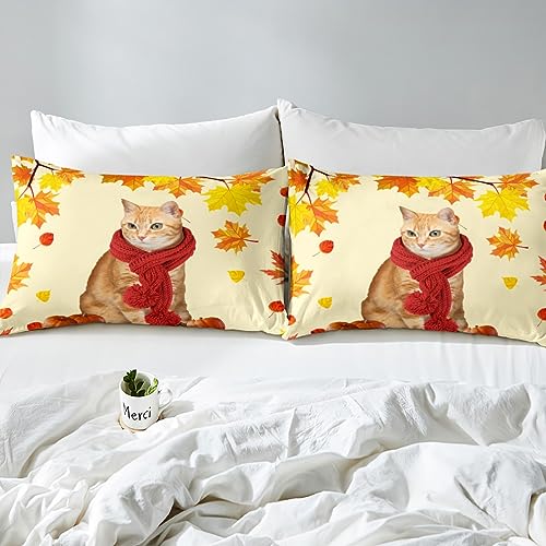 Feelyou Fall Sheet Set Full Size Cute Cat Bed Sheets Set for Boys Girls Teens Autumn Maple Leaf Decorations Sheets with Deep Pocket Fitted Sheet Happy Thanksgiving Bedding Set with 2 Pillow Cases - Image 5