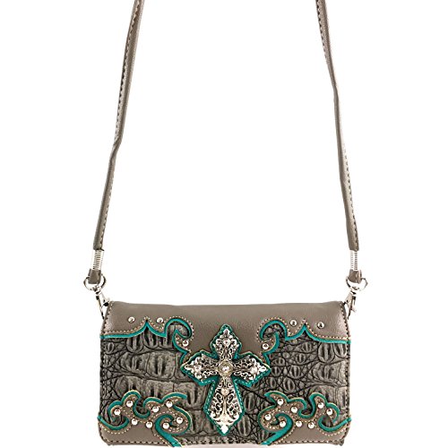 Image of Justin West Justin West Western Tooled Croc Animal Faux Leather Silver Rhinestone Cross Studded Wristlet Trifold Wallet Attachable Long Strap (Pewter)
