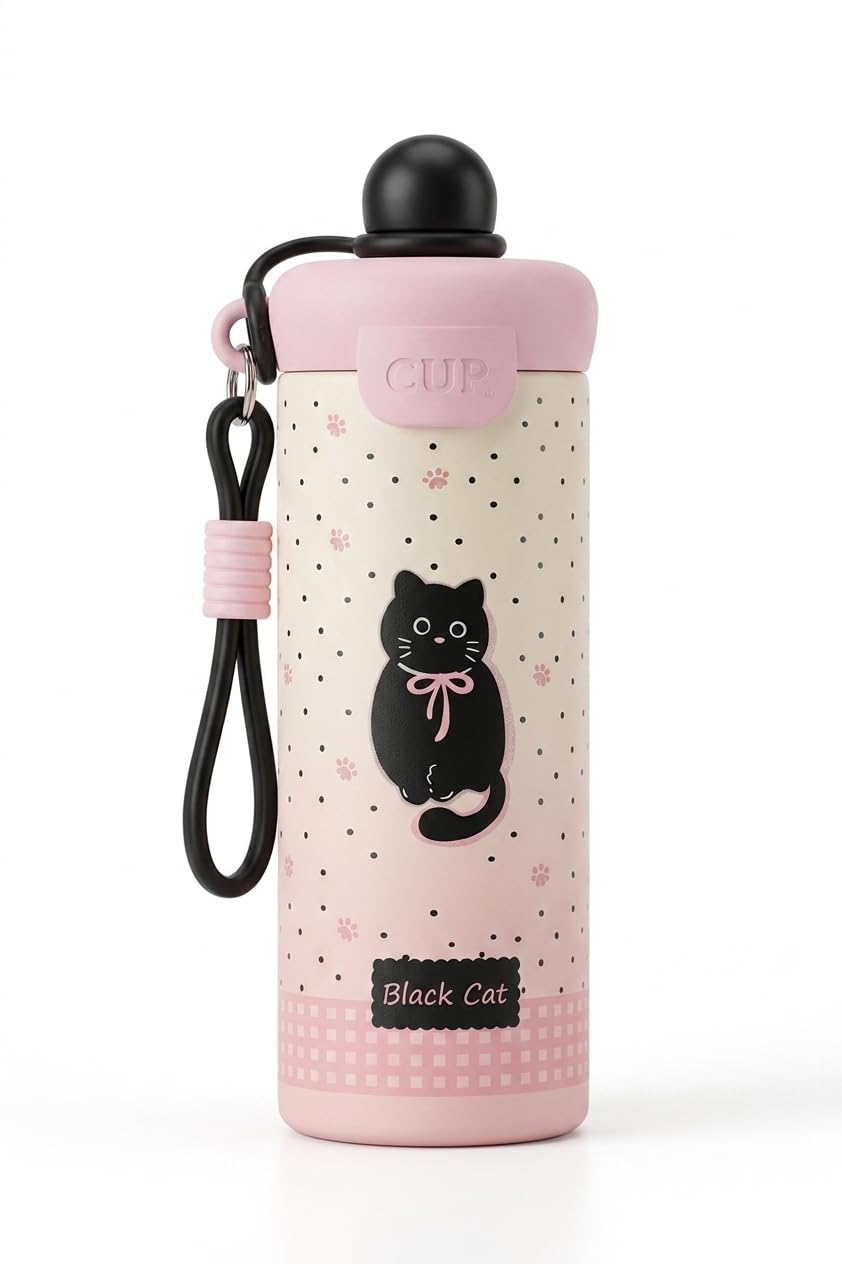 insulated water bottle, 750ml, stainless steel, leakproof with carry handle, use for home, gym, office, school, travel | reusable steel bottle for girls, teens & adults (black cat)