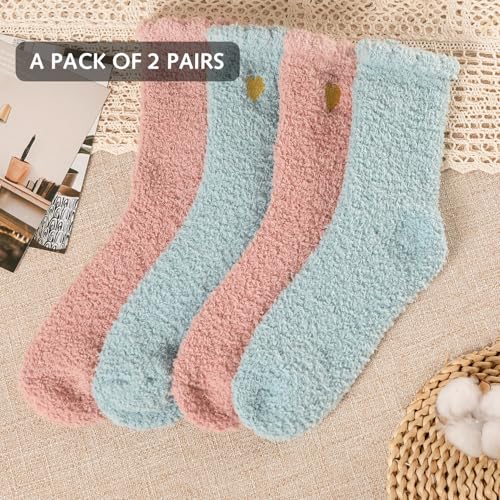 Fluffy Socks Womens, 4 Pairs Bed Socks for Women Soft Coral Fleece Fuzzy Sock with Heart Design Wool Warm Knitting Ladies Sock Cozy Multicolor Gift Set for Home Office School Hiking (Blue, pink) - Image 3