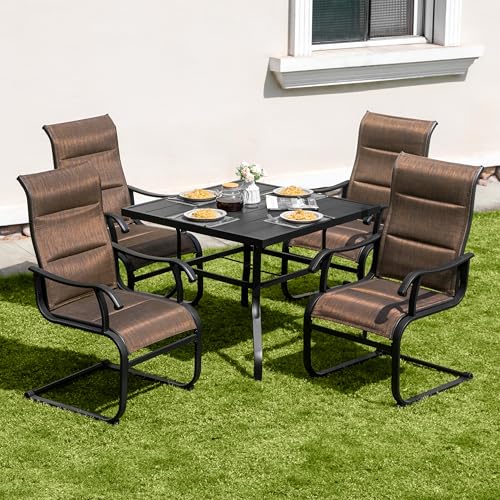 Image of NUU GARDEN 5 Piece Outdoor Dining Set, 4 All Weather Outdoor Padded Textilene Patio Chairs and 37 inch Square Dining Table with 1.57 inch Umbrella Hole, for Backyard, Patio, Garden, Brown and Black