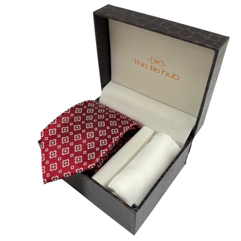 the tie hub Red White Geometric Silk Necktie & Pocket Square Set for Men Formal Wear-picture-17