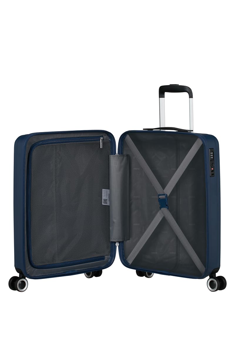 American Tourister Aerojoy Walizka, rozmiar kabinowy 55 cm / 20 cali, 4 kółka, twarda obudowa, ABS, ciemnoniebieska, zamek TSA, wewnętrzna siatka z zamkiem błyskawicznym z przegrodą, krzyżowe paski
