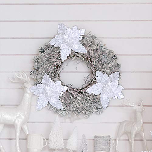 4 Pcs Large Christmas White Glittered Velvet Artificial Poinsettia Flower Picks Christmas Tree Ornaments 13.7" W For White Christmas Tree Wreaths Garland Floral Winter Wedding Decoration #TOP4