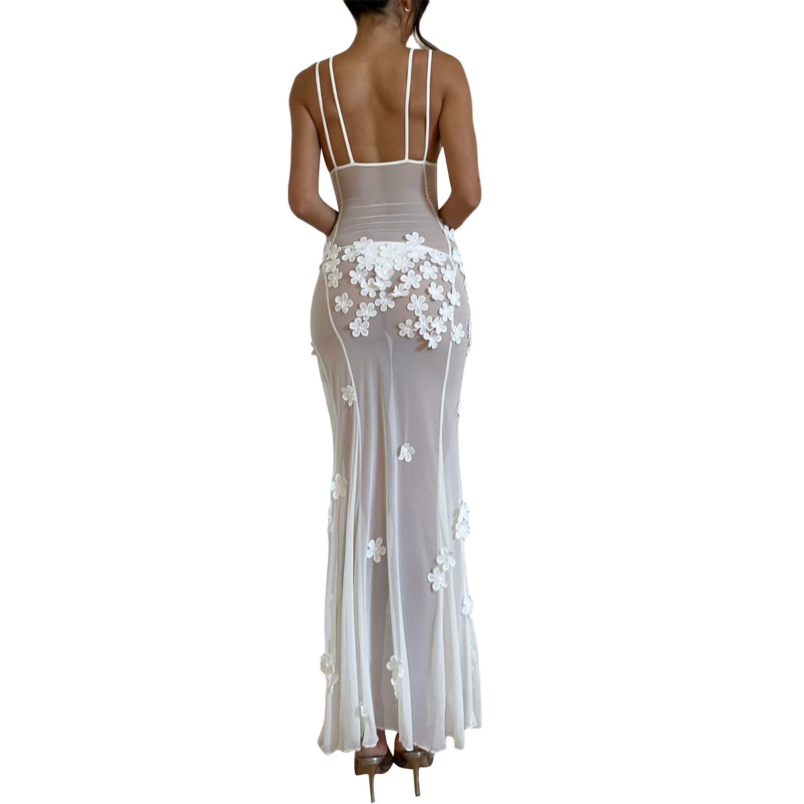 Loalirando Vestido Maxi Largo Sexy Transparente Vestido de Escote con Flores