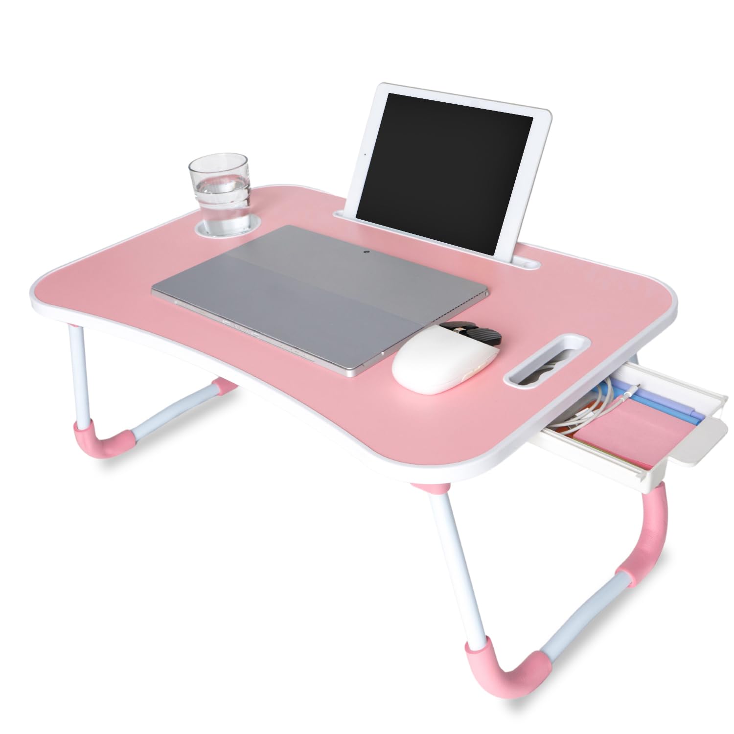 unycos - Bandeja para Cama, Mesa Plegable de Desayuno, Ideal para Portátil, Ordenador y Libros, Ergonómica, Mesa Auxiliar con Atril para Leer en la Cama 60x40x26 cm (Rosa con Cajón)