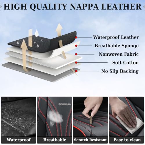 Image of Coverado Car Seat Covers Full Set, 5 Piece Car Seat Protector with Lumbar Support & Removable Headrest, Breathable Leather Front Rear Seat Cushion Universal Fit for Truck Automotive Black & Red