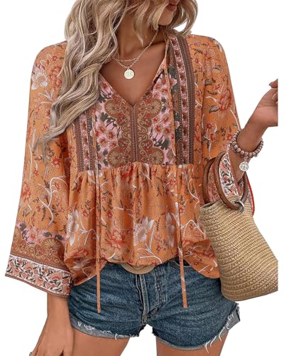 Unixseque Fall Tops for Women 2025: 3/4 Sleeve Dressy Shirts Summer V Neck Paisley Print - Casual Tops for Women - Ladies Tops and Blouses Beach Wear Flowy Boho Peasant Trendy Fall