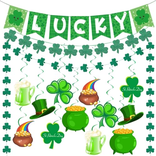 Go Ho 29Pcs St Patricks Day Decorations Irish St Patricks Day Crafts Accessories Party Favors St Pattys Decorations for Home Door - Shamrock Lucky Banner Garlands and Hanging Swirls