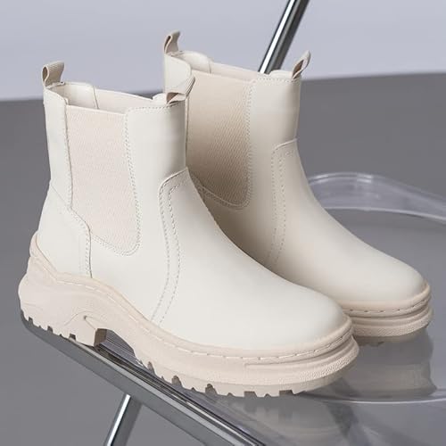 Anjoufemme Ankle Boots For Women Elastic Gore Chelsea Boots Fashion Fashion Platform Chunky Heel Lug Sole Slip On Booties Beige 8.5 #TOP7
