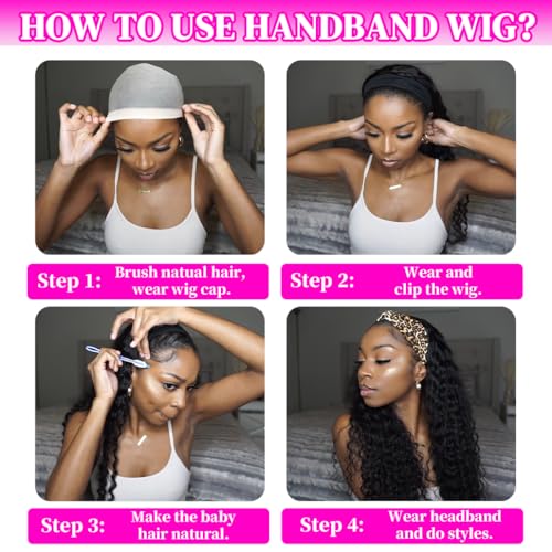 Image of 12 Inch Deep Wave Headband Wig Human Hair 200 Density Curly Headband Wigs for Black Women Wear and Go Glueless None Lace Front Wigs Natural Color, 100% Human Hair, No Shedding
