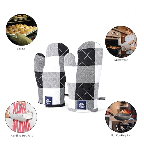 Image of Encasa XO Oven Gloves for Microwave (2 pc Set) - Heat Proof, Thick & Safe | Longer 18x30 cm Mittens for Protection in Kitchen Cooking & Baking - Buffalo Black Checks