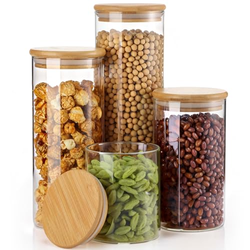 Image of Qinyoung Glass Storage Jars with Wooden Lids, 4 Sizes Food Storage Containers Clear Stackable Canisters Airtight Glass Jars for Candy Cookie (Clear, Light Brown, 23oz 34oz 47oz 58oz, 24 Pcs)