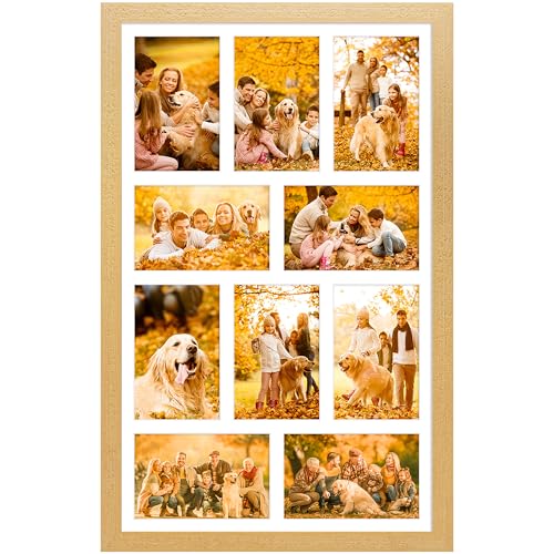 KSROECUD 13x21 Collage Frame with 10 Openings 4X6 Pictures, Multiple Picture Frame with Mat, Wall or Tabletop Decor, Natural Wood Grain,1 Pack