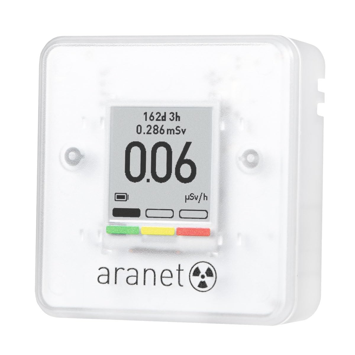 SAF Aranet Radiation Detector, Dosimeter, Portable, Measures Dose Rate & Total Dose of Ionizing Radiation, E-Ink Display, 4-Year Battery Life, Bluetooth Connection, Free App with Graphics & Alarm
