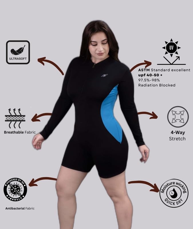 Keepfit upf40+uv n9 Antibacterial 1 Peice Zipper Padded Swimwear Set for Women Black |Swimming Suit for Women 3