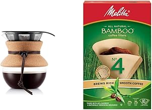 Bodum 11592-109 Pour Over Coffee Maker with Permanent Filter with Leather Band, 0.5 L/17 oz, Cork & Melitta 625000 Bamboo Super Premium Coffee Filters, Green - 80 Count