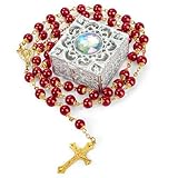 NCPLYGOU 8mm Rosary Beads Necklace, Rosary Beads Catholic for Men and Women Comes in a Metal Gift Box, First Communion Rosary Necklace as Gifts(Red)