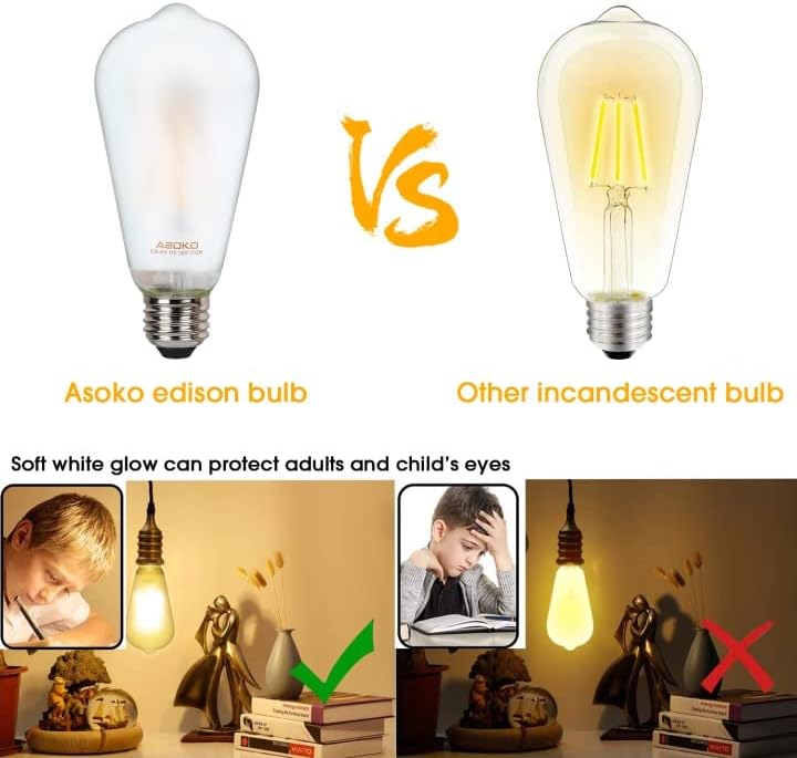ASOKO ST64 Frosted Edison Vintage Light Bulbs, 6W LED (60W Equivalent) 2700K Warm White, Dimmable Antique Filament Bulbs - 6 Pack image 4