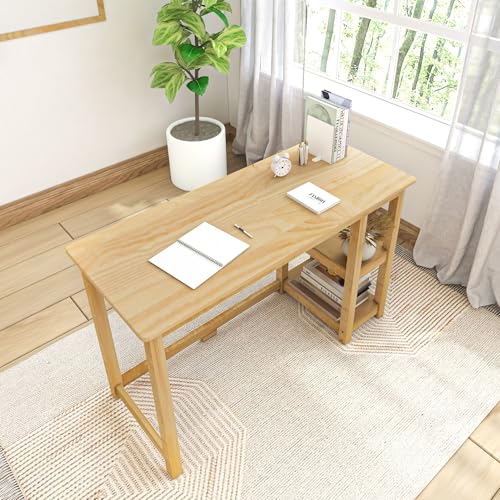Plank+Beam 47\" Computer Desk with Bookshelves, Solid Wood Legs & Engineered Wood Top, Modern Writing Desk with Storage Shelves, Natural Finish