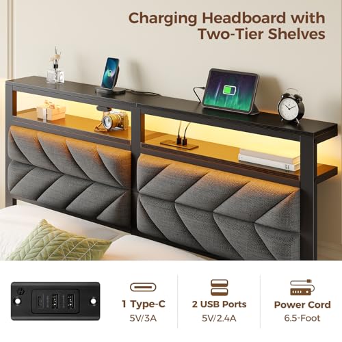Image of Seventable Full Size Bed Frame with Charging Station & LED Lights, Upholstered Headboard with Storage Shelves, Metal Platform with Under Bed Storage, No Box Spring Needed, Easy Assembly, Dark Grey