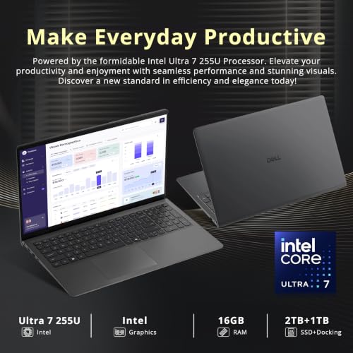 Image of Dell 15 15.6 inch FHD Touchscreen Laptop, Intel Core Ultra 7 255U, 16GB DDR5, 3TB Storage (2TB SSD+1TB Docking Station Set), Intel Graphics, Backlit Keyboard, Numeric Keypad, Wi-Fi 6, Win 11, Black