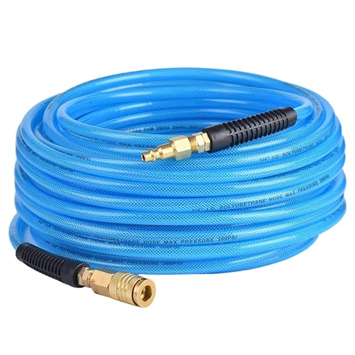 RainBello 100FT 1/4 Inch Air Hose Reinforced Polyurethane Air Compressor Hose - Flexible Heavy Duty Braided Pneumatic Hose with Quick Connect Fittings 300 PSI for Garage Shop Automotive Use