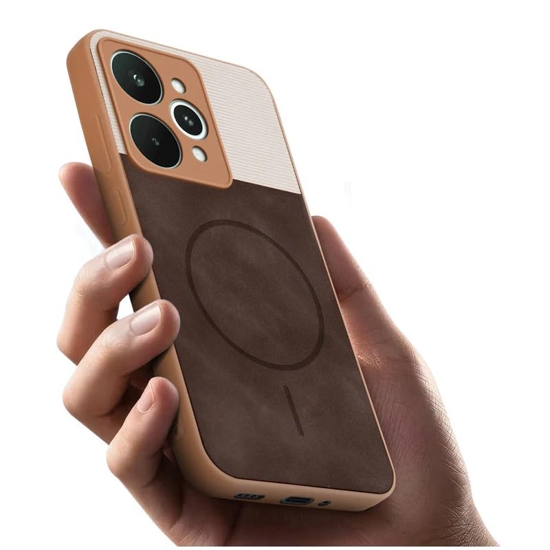 Image of Bintage case Macc-Safe Design Hard Light Weight Back Case | Soft Border Camera Protect | Dual PU Leather Finish Back Cover Compatible for Realme 15 Pro 5G - White & Cherry Brown