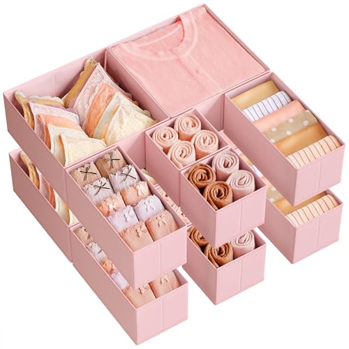 Image of SONGMICS Drawer Organizers, Dresser Divider Organizers, Set of 12, Foldable Fabric Storage Boxes for Socks, Underwear, Bras, Ties, Scarves, Jelly Pink URDZ006R01