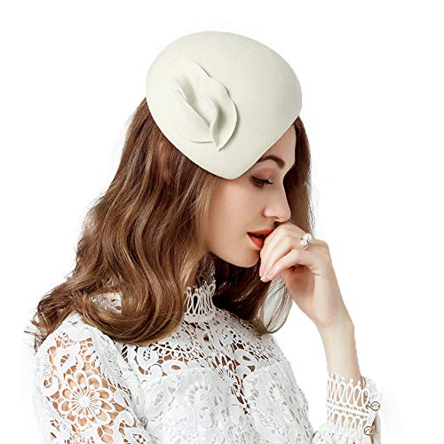 F Fadves Flower Womens Dress Fascinator Wool Felt Fedora French Pillbox Hat Party Wedding Teardrop Beret Off-White #TOP11