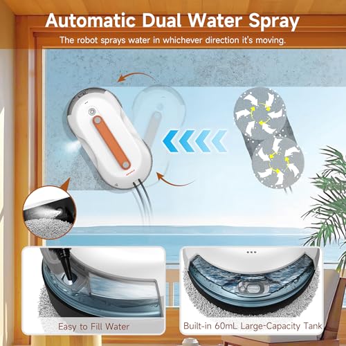 AlfaBot X7Pro Window Cleaner Robot with Dual Spray, 60ML Water Tank, 3980PA Suction, Auto Path Mapping Window Cleaner for High-Rise Windows (Indoor/Outdoor) - Streak-Free Tech & Safety Cord - Image 4