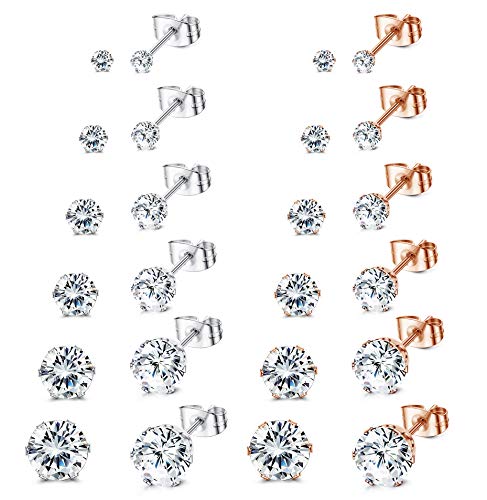 YADOCA 6-12 Pairs Stainless Steel Stud Earrings for Men Women Round Clear Cubic Zirconia Stud Earrings Set Hypoallergenic 3mm-8mm