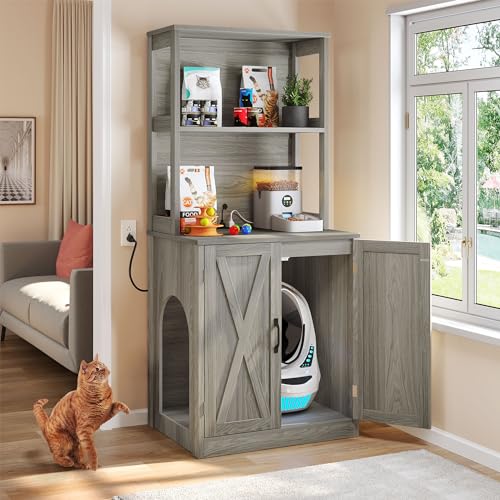 DWVO Large Hidden Litter Box Furniture With Shelves and Charging Station, Wooden Enclosure for Self-Cleaning Litter Boxes, Grey