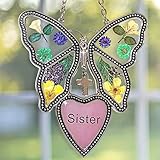 Sister Suncatcher - Butterfly Pressed Flowers Butterfly with Pink Sister Heart - Stained Glass Garden Sun Catcher- Sister Gift