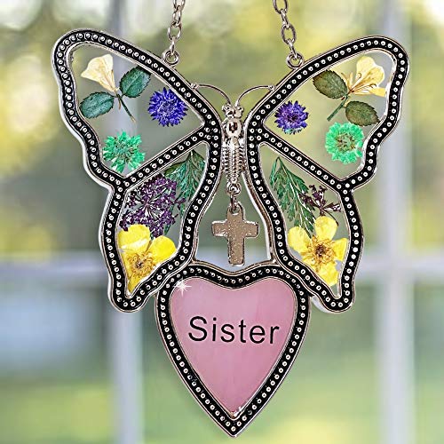 Sister Suncatcher - Butterfly Pressed Flower Suncatcher With Pink Sister Heart - Stained Glass Garden Floral Sun Catcher- Sister Gift #TOP22