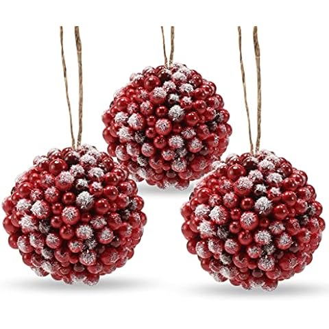 Ornativity Frosted Red Berries Ornaments - Glittered White Snowflakes on Realistic Red Cranberry Berries Ball Xmas Ornament with Rustic Twine String Christmas Tree Decoration Set - 2.4" Pack of 12 Cover