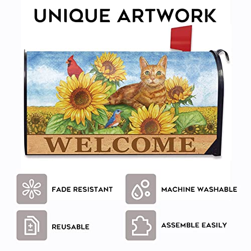 Fbcoo Welcome Summer Sunflower Cat Cardinal Mailbox Cover Magnetic Standard Size 21" X 19", Orange Kitty Tabby Flowers Decorative Post Letter Box Wrap Decor Red Bird Garden Yard Outdoor Decoration #TOP3