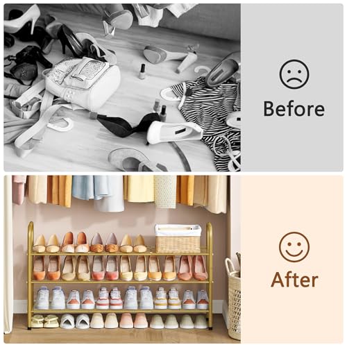 Image of Hoctieon 3 Tier Mesh Style Shoe Rack, Entryway Shoe Shelf, Shoe Storage Organizer, Shoe Rack for Closet, Space Save for Bathroom, Garage, Hallway, Bedroom, Living Room, Gold