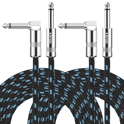 Image of 20FT 2 Pack Instrument Cable - Electric & Bass Guitar, Keyboard, AMP Cord - 1 /4 Inch Right Angle Black & Blue