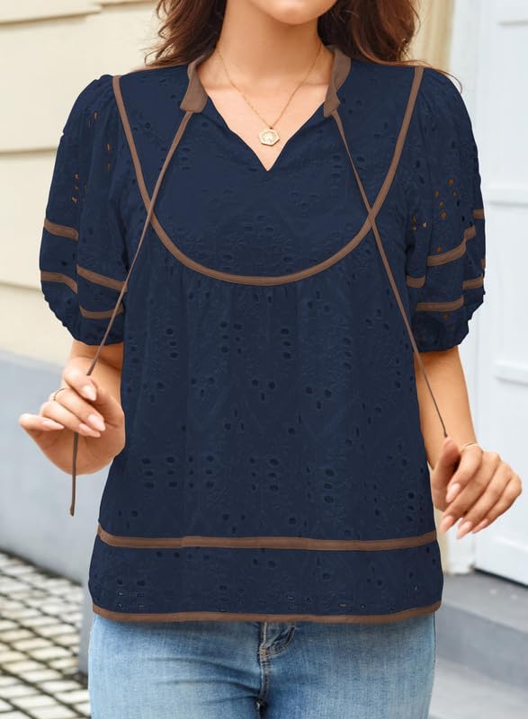 Women Blouses V Neck Puff Short Sleeve Womens Summer Tops Eyelet Embroidered Clothes Trendy Causal Babydoll Shirts - Image 6