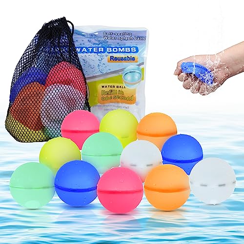 Reusable Water Balloons 12PCS, Magnetic Refillable Water Balloons for Kids Adults, Self Sealing Silicone Water Balls Toy for Summer Outdoor Activities