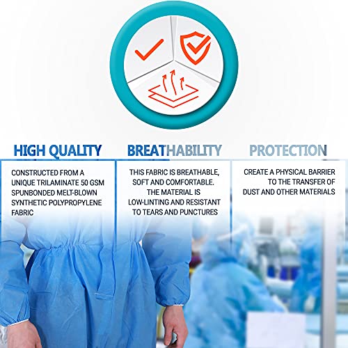 Ezgoodz Blue Sms Coverall With Hood, Elastic Cuffs, Ankles, Waist, Zipper. Xx-Large Industrial Overall. Unisex Disposable Ppe Workwear For Cleaning, Painting. Breathable Full Body Suit, Blue #TOP6