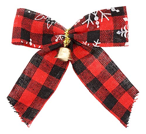 Holiday Mini Bows with Bells (16 Bows, 4 x 5 in, Plaid Red and Black) Plastic Backing, Holds Shape, Indoor/Outdoor, Christmas Wreath Party Decoration