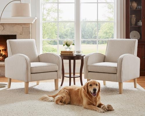 Image of Farmhouse Striped Accent Chairs for Living Room Set of 2, Linen Fabric Modern Comfy Armchairs with Cushion, Upholstered Striped Reading Chairs for Bedroom Couch Chair with Wood Legs, Khaki