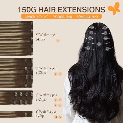 Image of DOORES Human Hair Extensions Clip in, Balayage Chocolate Brown to Honey Blonde, 150g 9pcs 20 Inch, Remy Thick Hair Extensions