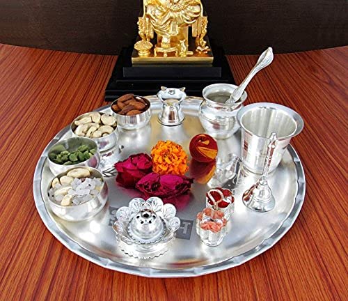 Aashita Creations 12-Inch Silver Plated Pooja Thali Set – 12-Piece Hindu Prayer Set For Diwali & Weddings - View #7