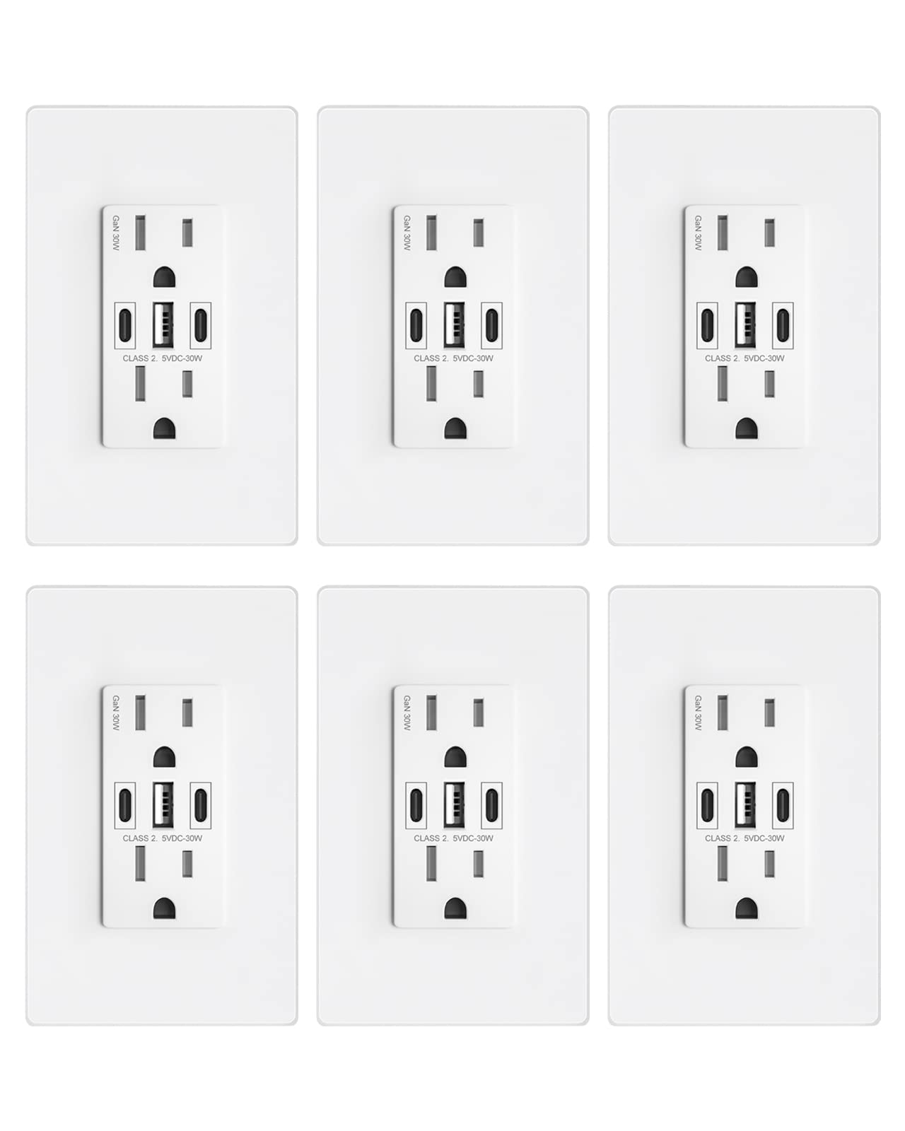 ABBOTECH USB Wall Outlet, 30W GaN 6.0A USB Outlet Receptacles with 3 USB Ports,15 Amp Tamper-Resistant Electrical Outlet with 1 Type A&2 Type C,Screwless Wall Plate Included,UL Listed,6 Pack