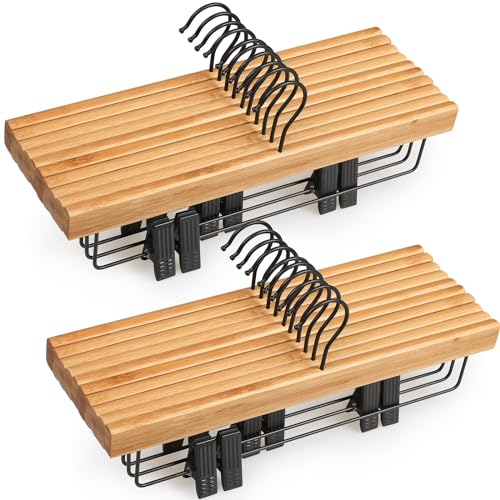 TOPIA HANGER Pants Hangers 20 Pack, Bamboo Clothes Hangers with Black Clips and Rotatable Hook, Durable Natural Wooden Hangers for Skirts, Pants, Jeans, Shorts - CTS06